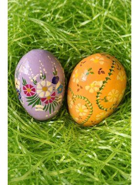 Hand Painted Blown Eggshell Easter Eggs Floral Folk Art Purple Orange 3" Set 2